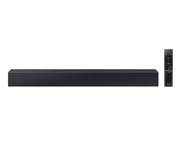 Barra de sonido Samsung HW-C400 con control remoto, vista completa en negro.