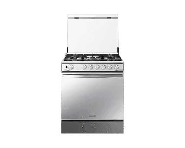 Cocina a gas Samsung plateada con 5 hornillas y horno, diseño moderno en acero inoxidable