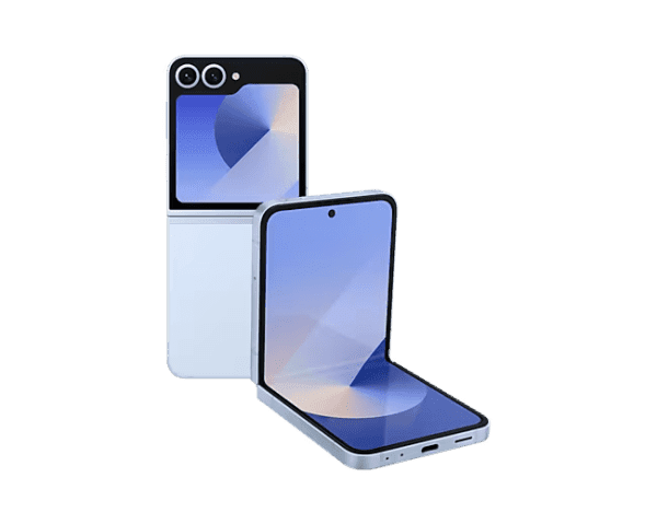 Smartphone Galaxy Z Flip6 512GB abierto y cerrado en vista frontal, diseño elegante color azul, disponible en BorjaTechWorld.