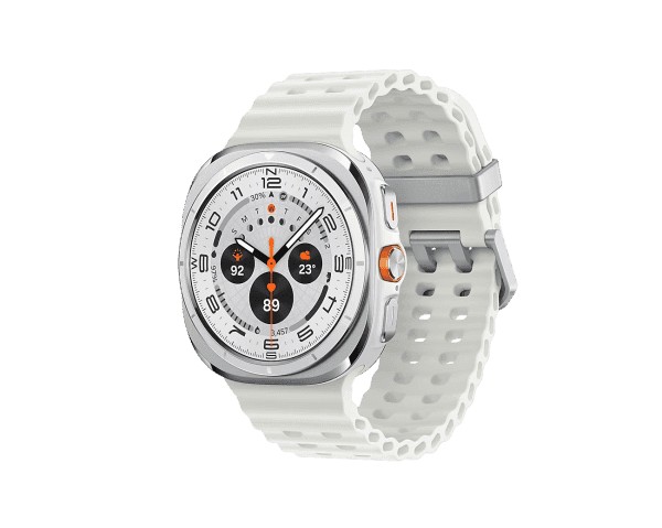 Smartwatch Galaxy Watch Ultra plateado 47mm con correa blanca deportiva – vista lateral