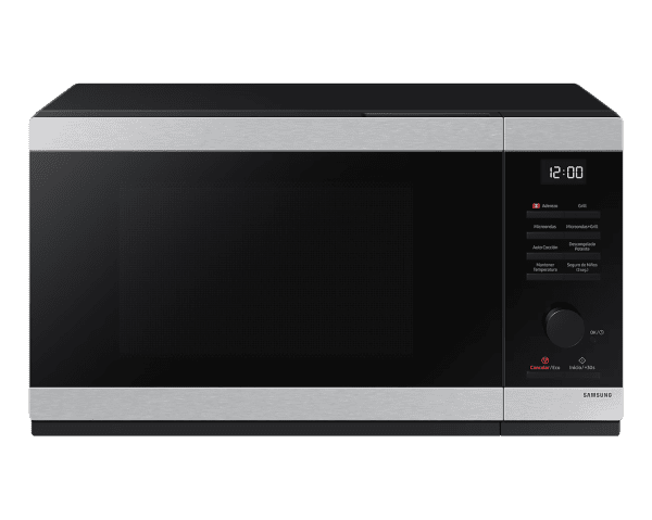 Microondas Samsung con Grill de 32 litros en acero inoxidable, panel digital y múltiples funciones automáticas.