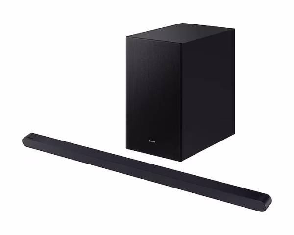 Barra de sonido Samsung HW-S700D de color negro, vista frontal, con subwoofer incluido.