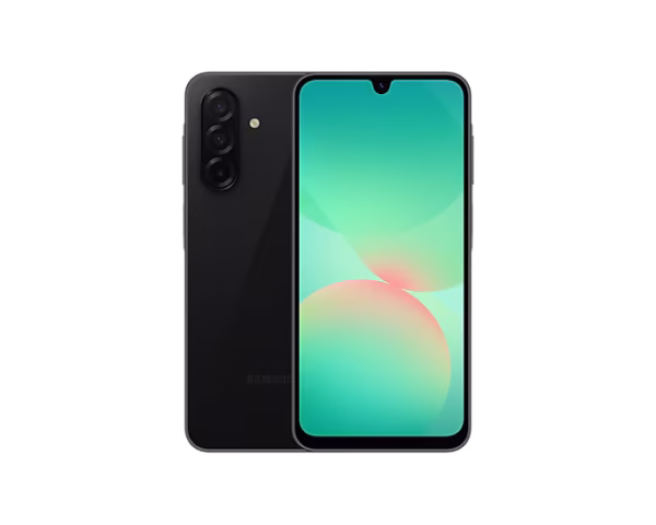 Smartphone Samsung Galaxy A26 5G, vista frontal con la pantalla de inicio y diseño de la cámara trasera