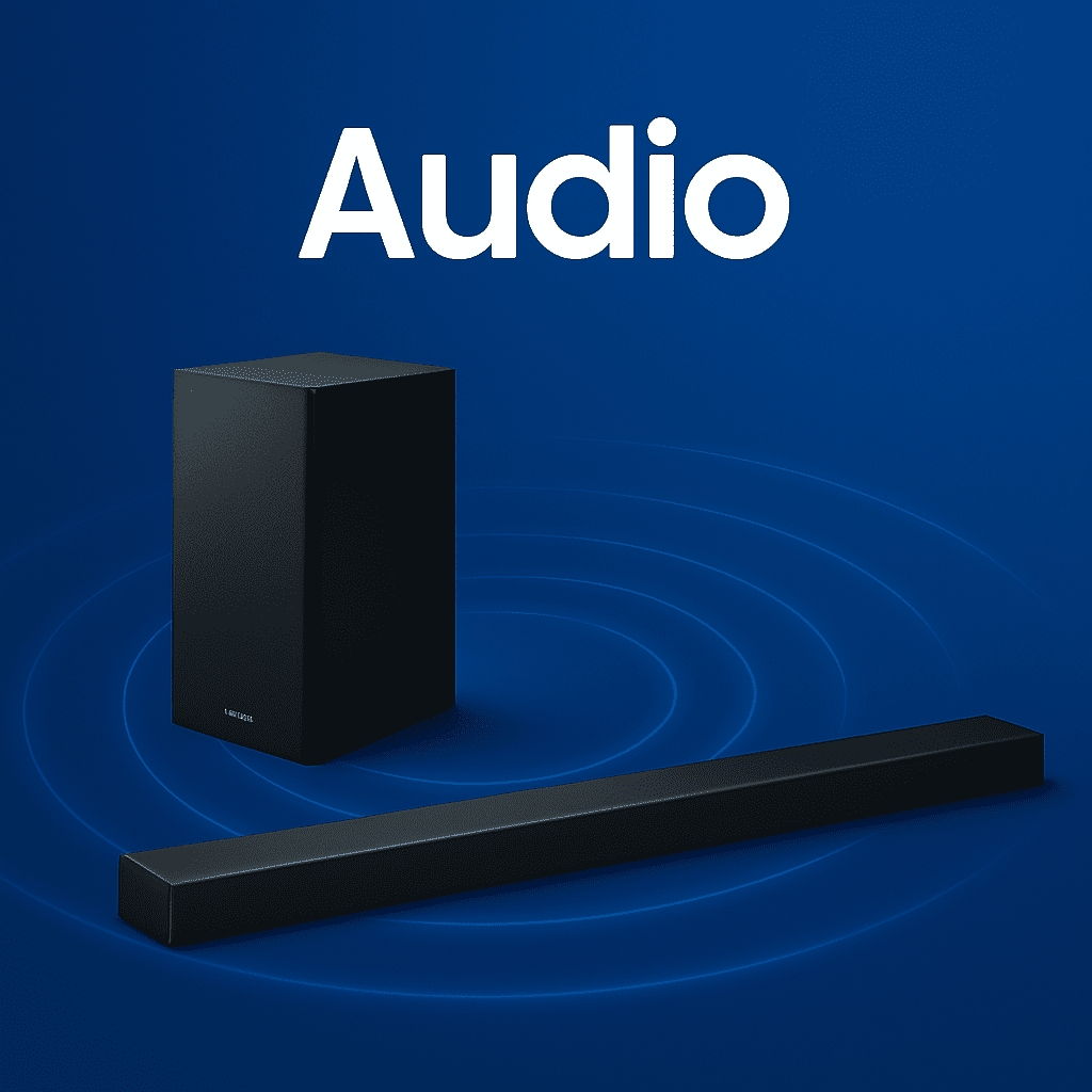 Imagen de barra de sonido Samsung Soundbar con texto Audio representando la categoría de audio Samsung.