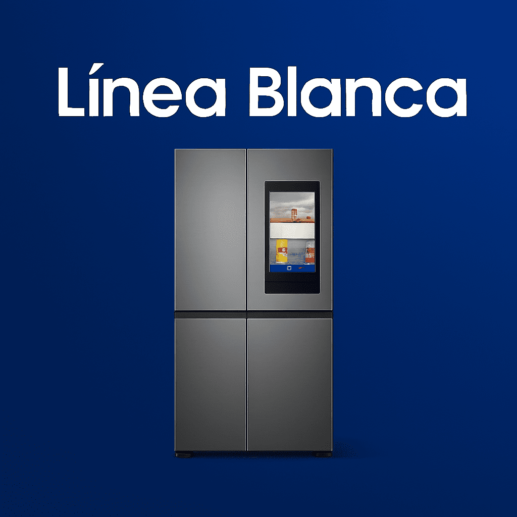 Imagen de refrigeradora Samsung Side by Side Hub con texto Línea Blanca representando la categoría de electrodomésticos Samsung.